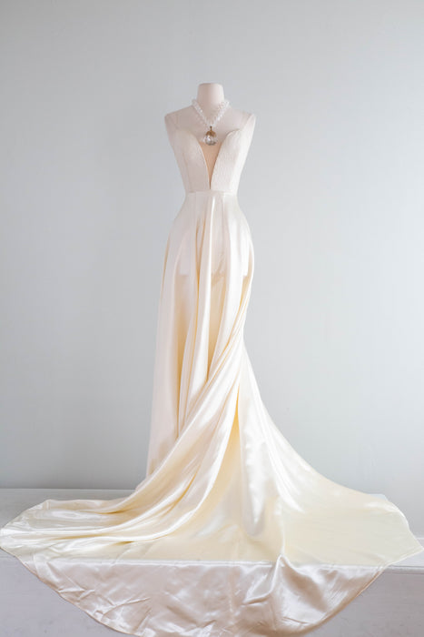 Vintage Xtabay Bespoke Wedding Gown In Candlelight Satin & Antique Lace / M