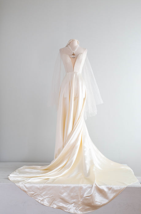 Vintage Xtabay Bespoke Wedding Gown In Candlelight Satin & Antique Lace / M