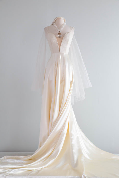 Vintage Xtabay Bespoke Wedding Gown In Candlelight Satin & Antique Lace / M