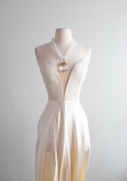 Vintage Xtabay Bespoke Wedding Gown In Candlelight Satin & Antique Lace / M