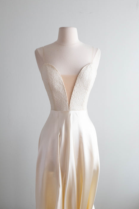 Vintage Xtabay Bespoke Wedding Gown In Candlelight Satin & Antique Lace / M