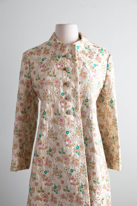 Spectacular 1960's Golden Floral Brocade Maxi Coat With Rhinestone Buttons / SM