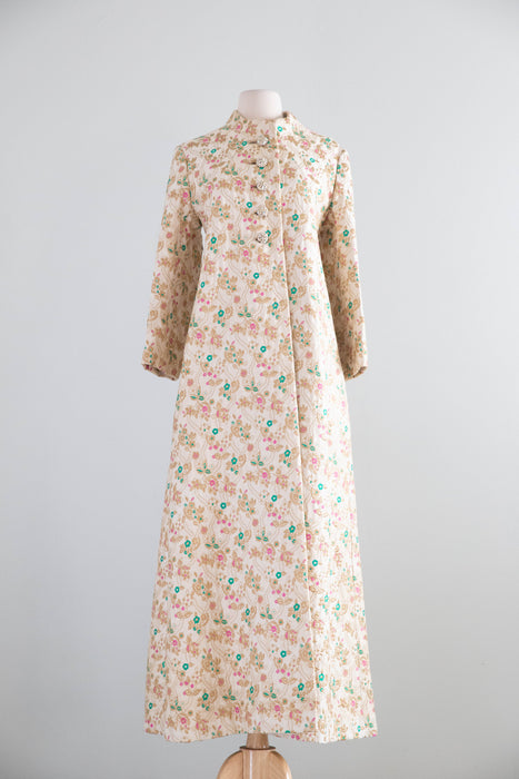 Spectacular 1960's Golden Floral Brocade Maxi Coat With Rhinestone Buttons / SM