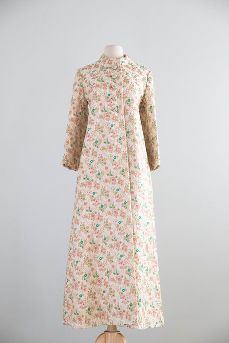 Spectacular 1960's Golden Floral Brocade Maxi Coat With Rhinestone Buttons / SM