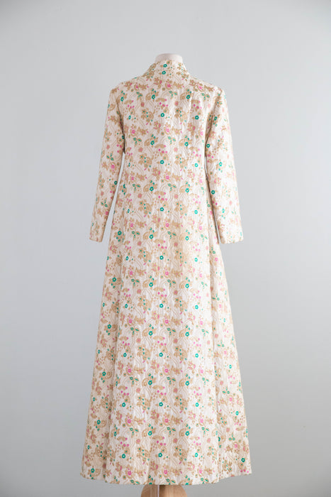 Spectacular 1960's Golden Floral Brocade Maxi Coat With Rhinestone Buttons / SM