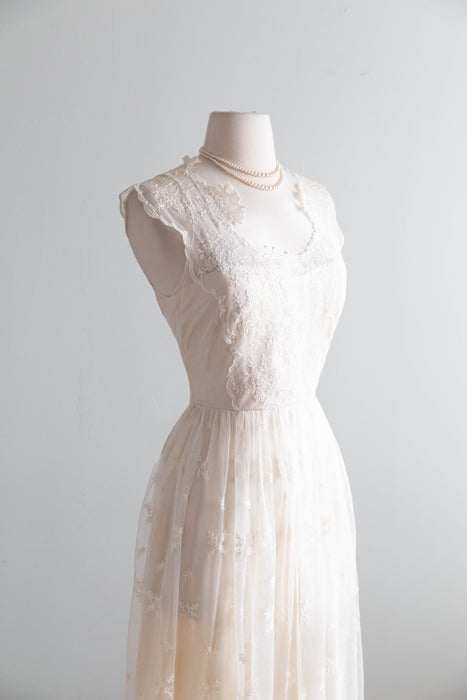 Ethereal 1970's Embroidered Net Ballet Length Wedding Dress From Neiman Marcus / M