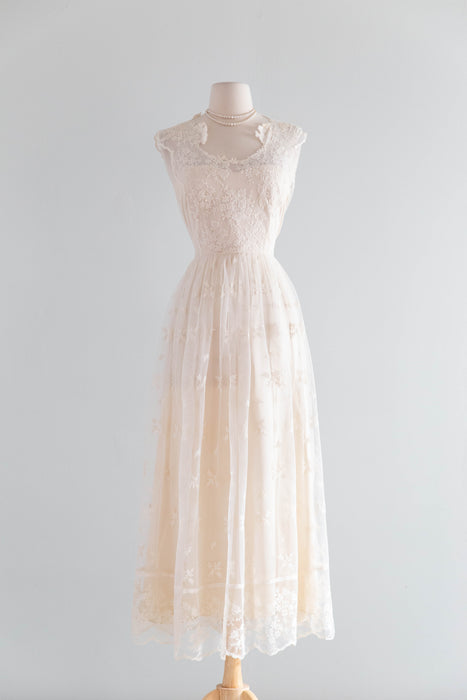 Ethereal 1970's Embroidered Net Ballet Length Wedding Dress From Neiman Marcus / M