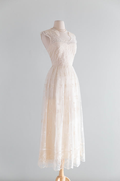 Ethereal 1970's Embroidered Net Ballet Length Wedding Dress From Neiman Marcus / M