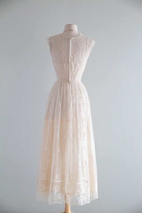 Ethereal 1970's Embroidered Net Ballet Length Wedding Dress From Neiman Marcus / M