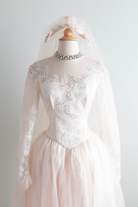 Exquisite 1950's Ballet Pink Wedding Gown & Veil From Priscilla of Boston / S