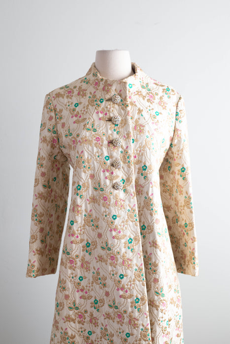Spectacular 1960's Golden Floral Brocade Maxi Coat With Rhinestone Buttons / SM