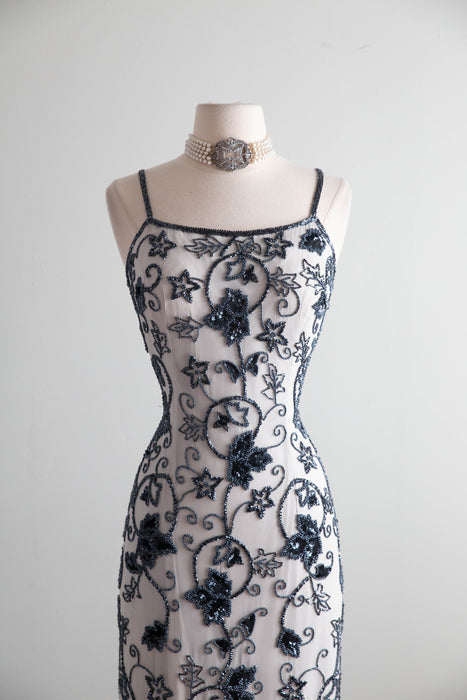 Stunning 1990s Silk Evening Gown With Art Nouveau Glass Beading / SM