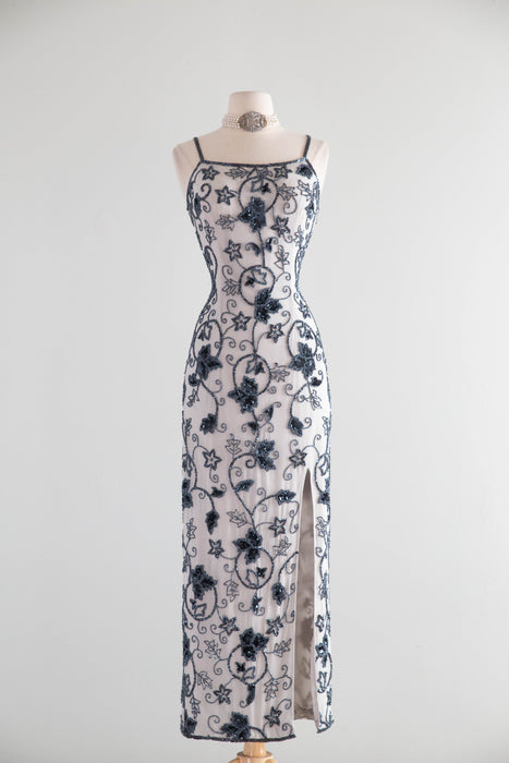 Stunning 1990s Silk Evening Gown With Art Nouveau Glass Beading / SM