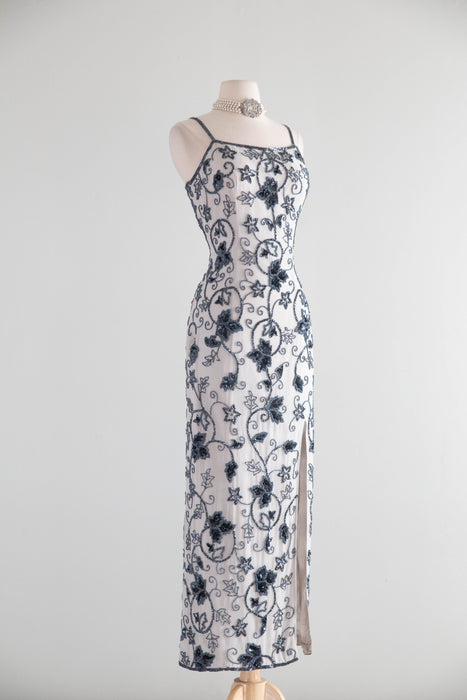 Stunning 1990s Silk Evening Gown With Art Nouveau Glass Beading / SM