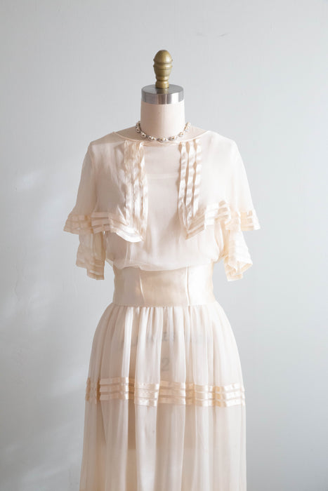 Ethereal 1920's Silk Chiffon Courtyard Wedding Dress With Silk Ribbons / Small