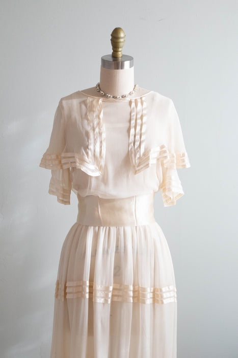 Ethereal 1920's Silk Chiffon Courtyard Wedding Dress With Silk Ribbons / Small