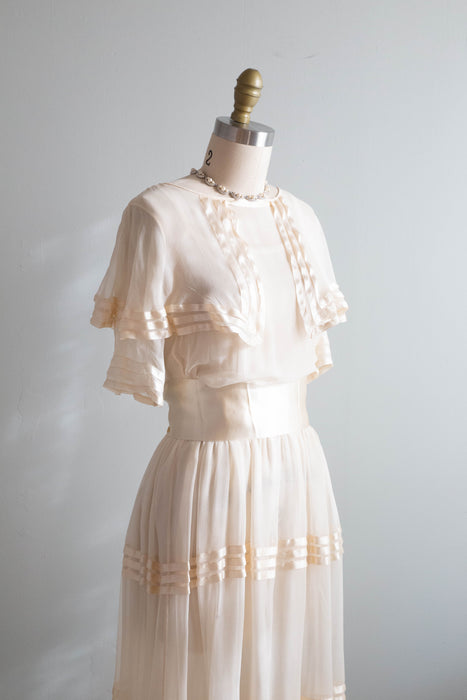 Ethereal 1920's Silk Chiffon Courtyard Wedding Dress With Silk Ribbons / Small