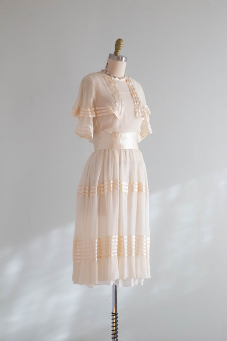 Ethereal 1920's Silk Chiffon Courtyard Wedding Dress With Silk Ribbons / Small