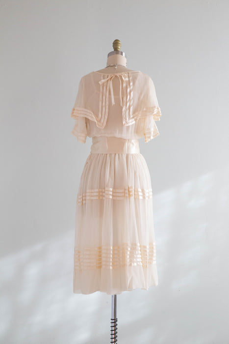 Ethereal 1920's Silk Chiffon Courtyard Wedding Dress With Silk Ribbons / Small