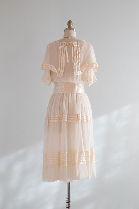 Ethereal 1920's Silk Chiffon Courtyard Wedding Dress With Silk Ribbons / Small