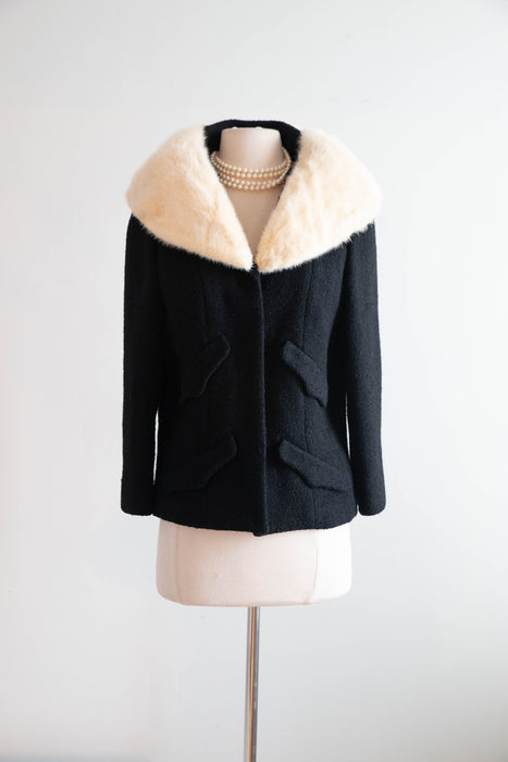 Elegant 1960's Lilli Ann Black Wool Jacket With Mink Collar / Small
