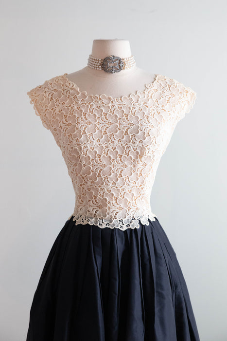 Stunning Vintage Jean Louis Navy Blue Silk Taffeta Gown With Sheer Lace Bodice / S