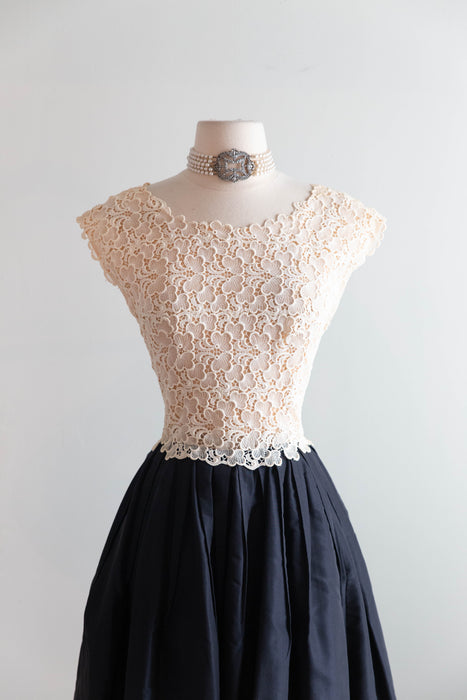 Stunning Vintage Jean Louis Navy Blue Silk Taffeta Gown With Sheer Lace Bodice / S