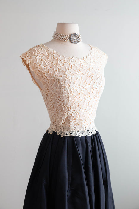 Stunning Vintage Jean Louis Navy Blue Silk Taffeta Gown With Sheer Lace Bodice / S