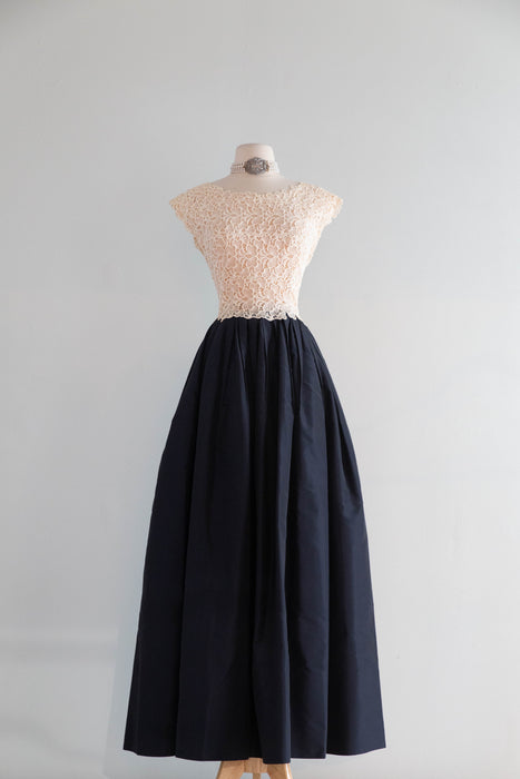 Stunning Vintage Jean Louis Navy Blue Silk Taffeta Gown With Sheer Lace Bodice / S