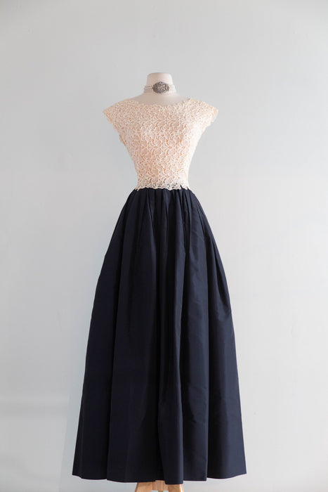Stunning Vintage Jean Louis Navy Blue Silk Taffeta Gown With Sheer Lace Bodice / S
