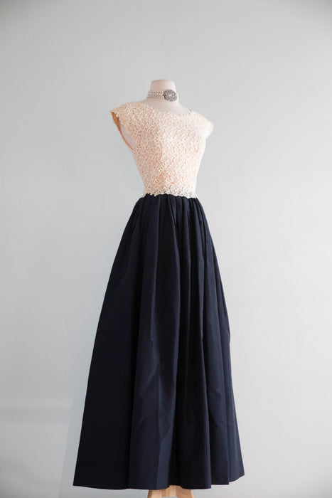 Stunning Vintage Jean Louis Navy Blue Silk Taffeta Gown With Sheer Lace Bodice / S