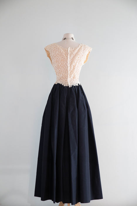 Stunning Vintage Jean Louis Navy Blue Silk Taffeta Gown With Sheer Lace Bodice / S