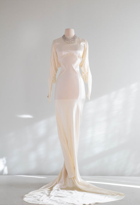 Elegant 1930's Liquid Satin Bias Cut Wedding Gown With Dramatic Sleeves & Hourglass Silhouette / SM