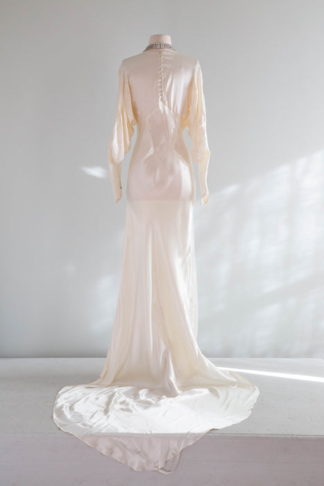 Elegant 1930's Liquid Satin Bias Cut Wedding Gown With Dramatic Sleeves & Hourglass Silhouette / SM