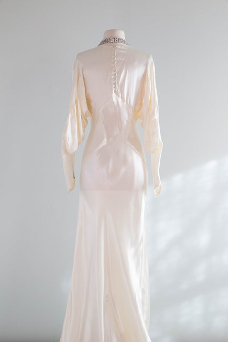 Elegant 1930's Liquid Satin Bias Cut Wedding Gown With Dramatic Sleeves & Hourglass Silhouette / SM