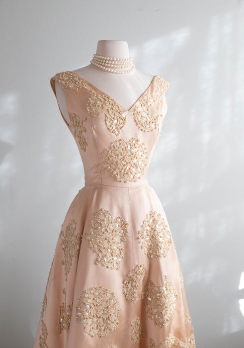 Iconic 1950's Blush Pink Satin Demi Couture Party Dress By Harvey Berin / Small