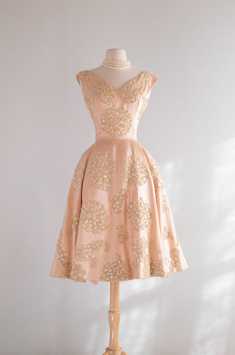 Iconic 1950's Blush Pink Satin Demi Couture Party Dress By Harvey Berin / Small