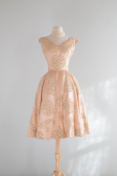 Iconic 1950's Blush Pink Satin Demi Couture Party Dress By Harvey Berin / Small