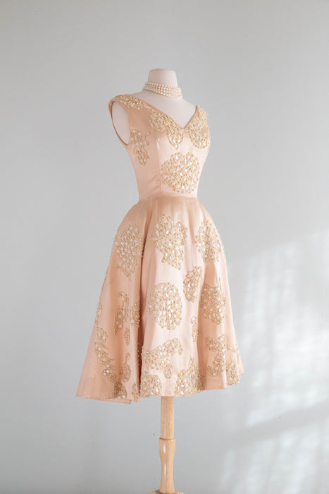 Iconic 1950's Blush Pink Satin Demi Couture Party Dress By Harvey Berin / Small