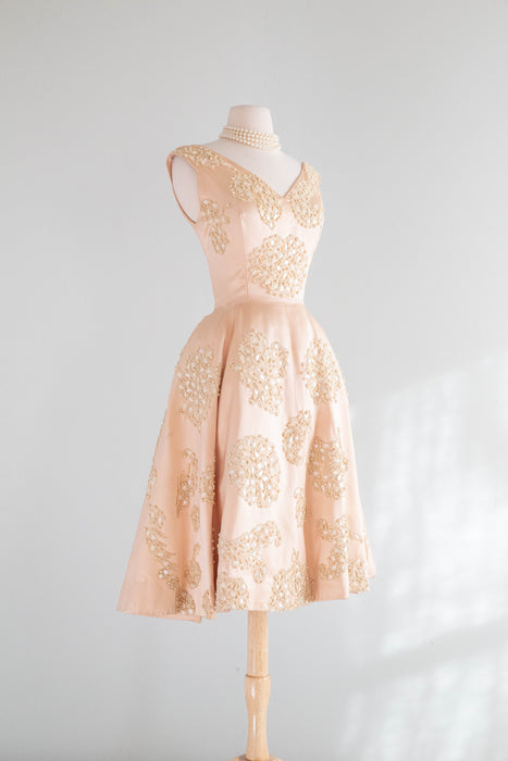 Iconic 1950's Blush Pink Satin Demi Couture Party Dress By Harvey Berin / Small