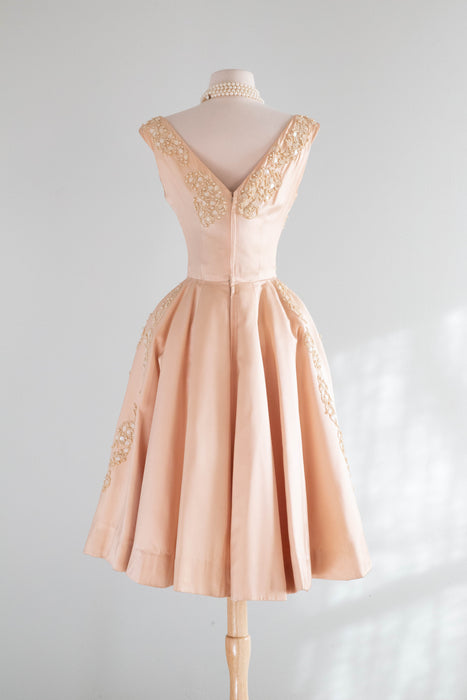 Iconic 1950's Blush Pink Satin Demi Couture Party Dress By Harvey Berin / Small