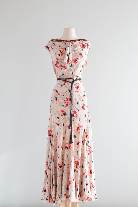 Rare 1930's Silk Bias Cut Gown With Beaded Low Back In a Delicate Poppy Print / SM