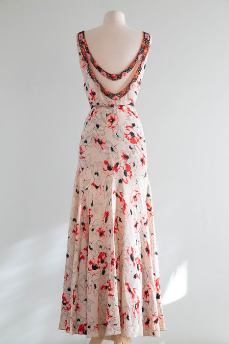 Rare 1930's Silk Bias Cut Gown With Beaded Low Back In a Delicate Poppy Print / SM