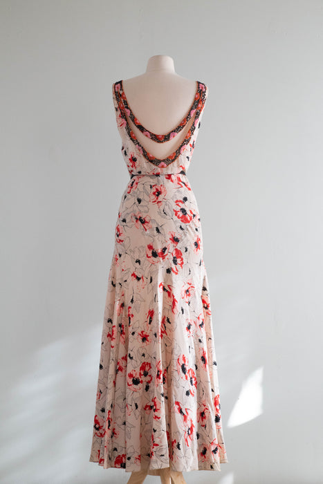 Rare 1930's Silk Bias Cut Gown With Beaded Low Back In a Delicate Poppy Print / SM