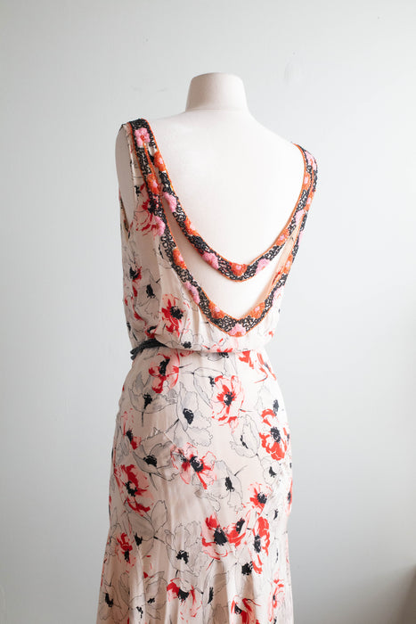 Rare 1930's Silk Bias Cut Gown With Beaded Low Back In a Delicate Poppy Print / SM