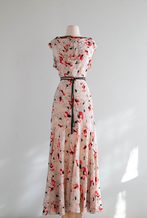 Rare 1930's Silk Bias Cut Gown With Beaded Low Back In a Delicate Poppy Print / SM