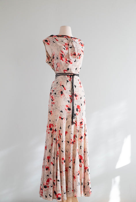 Rare 1930's Silk Bias Cut Gown With Beaded Low Back In a Delicate Poppy Print / SM