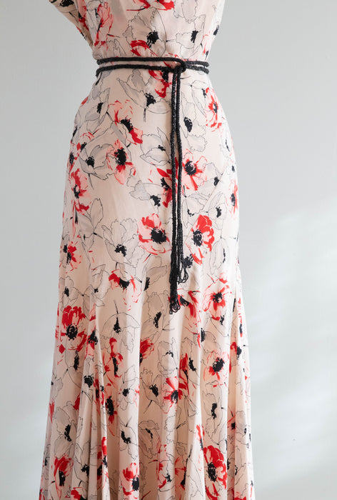 Rare 1930's Silk Bias Cut Gown With Beaded Low Back In a Delicate Poppy Print / SM