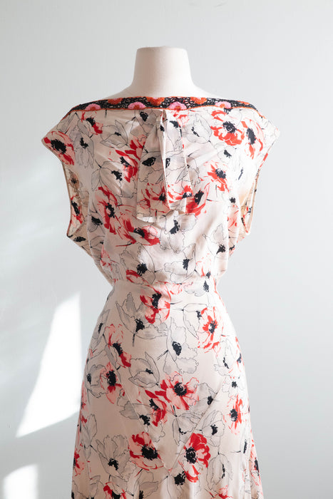 Rare 1930's Silk Bias Cut Gown With Beaded Low Back In a Delicate Poppy Print / SM