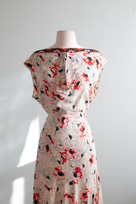 Rare 1930's Silk Bias Cut Gown With Beaded Low Back In a Delicate Poppy Print / SM